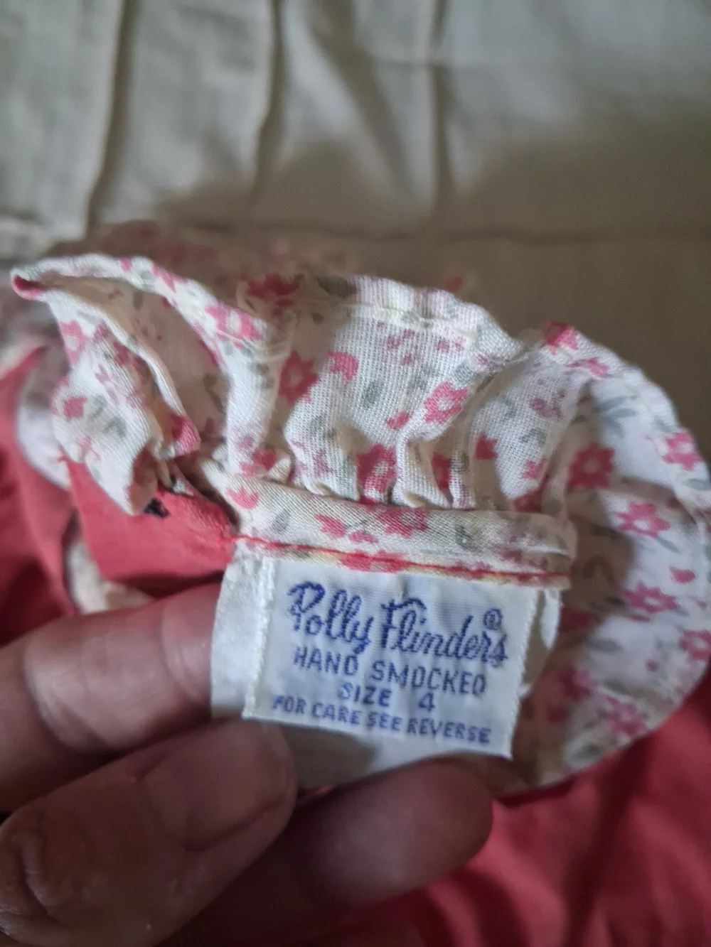 Vintage Polly Flinders Coral Pink Smocked Floral Puff-Sleeve Dress